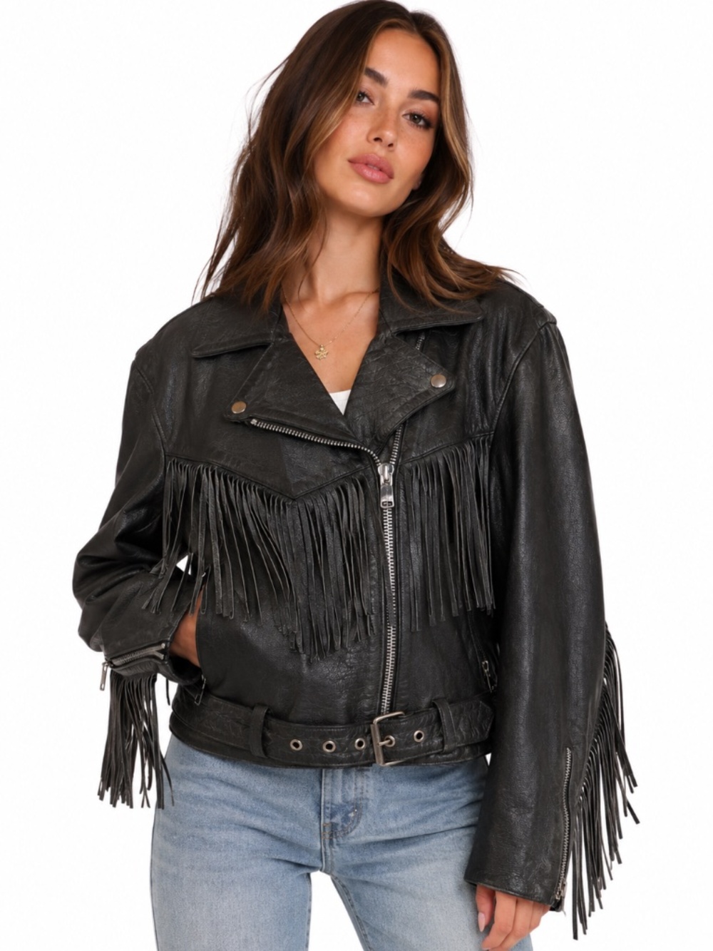 Vintage Genuine Leather Fringe Motorcycle Jacket